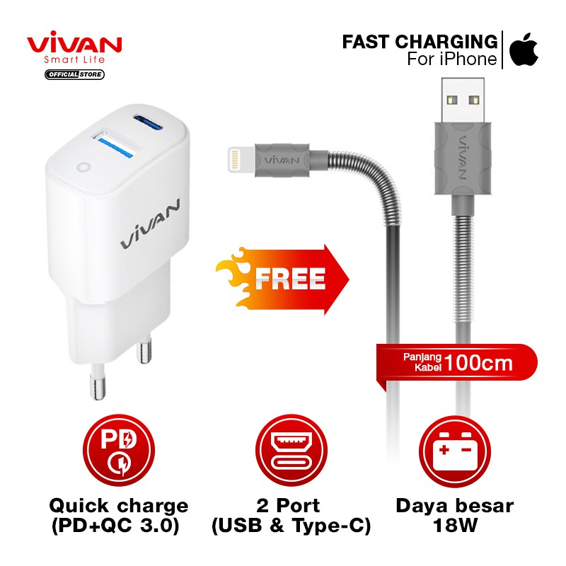 Charger Fast Charging VIVAN Dual Port USB (QC3.0) &amp; Type-C (PD) 3A 18W FREE Kabel iPhone (FL100)