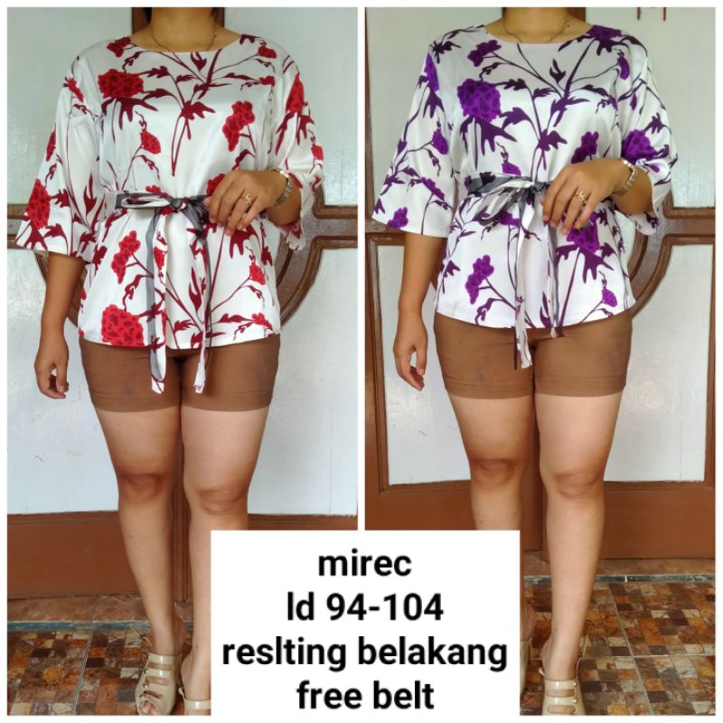 Atasan mirec bunga m l xl resleting belakang merah ungu biru tangan 3/4