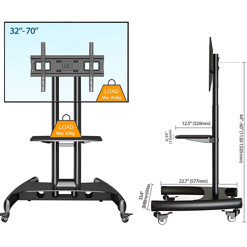 NB North Bayou Mobile TV Cart Rooling TV Stand with Wheels for 32 to 70 Inch LCD LED OLED Plasma Flat Panel Screens up to 100lbs AVA1500-60-1P (Black)