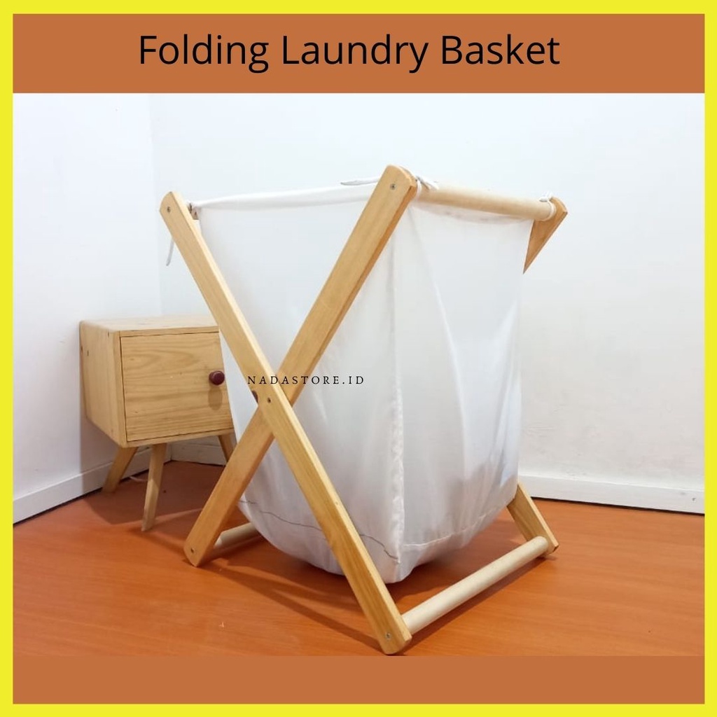 Nadastore - Keranjang Laundry Kayu Aesthetic / Wooden Scandi Laundry Bag Tinggi 60 x 45 cm /  Portable and Collapsible Folding Clothes Basket Storage with Removable Poly/Cotton Liner Fabric Bag