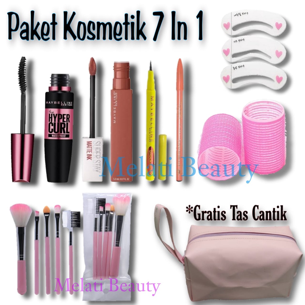 Paket Kosmetik 7 In 1 / Paket Kosmetik Hemat / Kuas Makeup / Rollan Rambut / Cetakan Alis / Gratis Tas Cantik