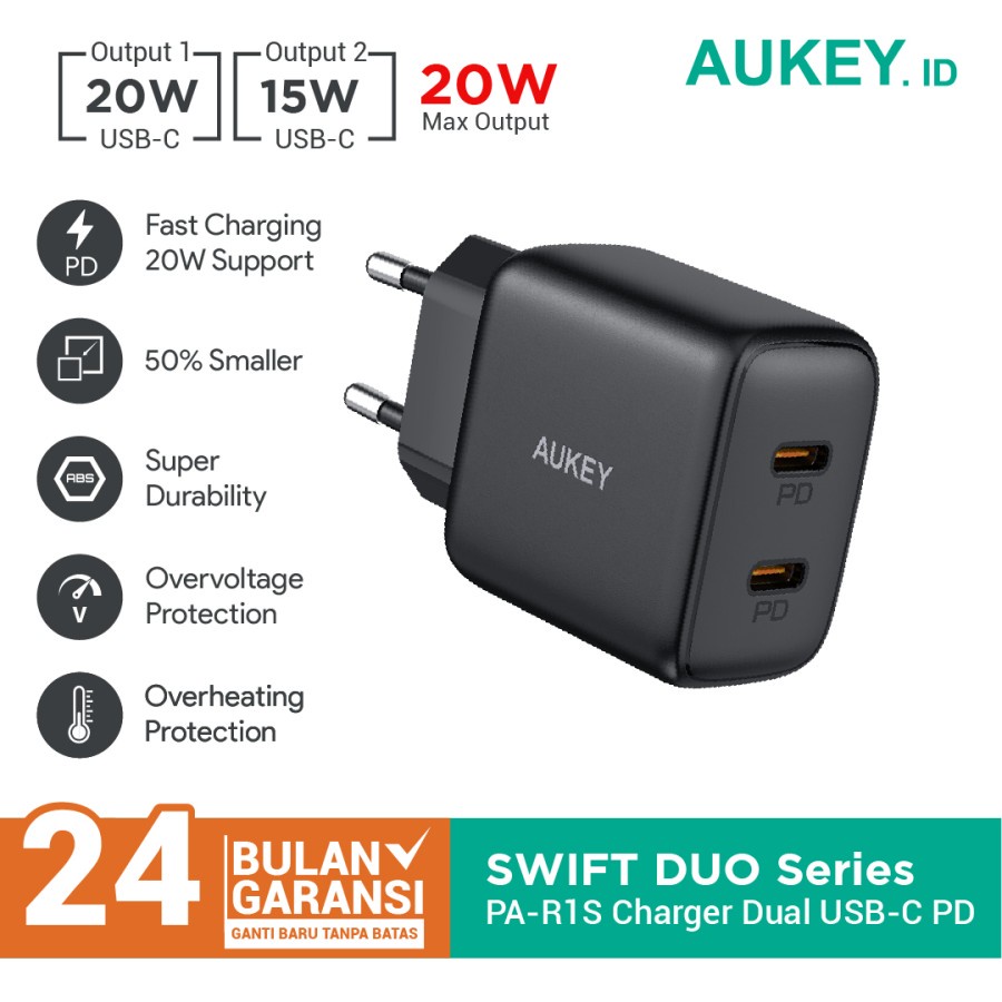 Aukey PA-R1S 20W PD Wall Charger Dual USB-C for iPhone 13 12 Samsung S8 Note 8 iPad Power Delivery 3.0 SWIFT DUO Series Black 501246 White 501255 Garansi Resmi Original