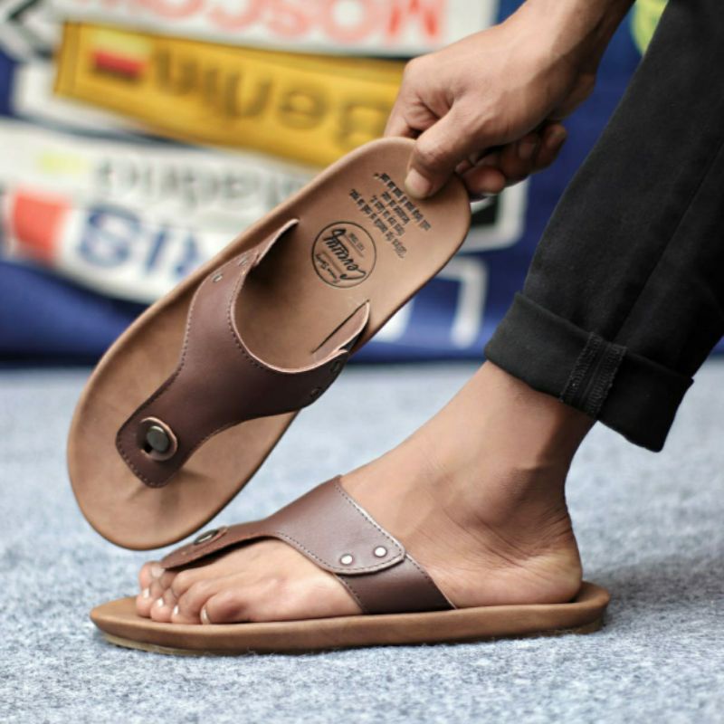 CLOVER Sandal Jepit Kulit Asli Sendal Pria Murah Slop Santai Casual Anti Slip Empuk Nyaman