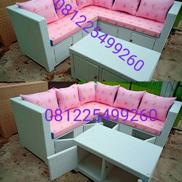 Sofa 3 seater dan coffee table rotan sintetis bogor cibinong