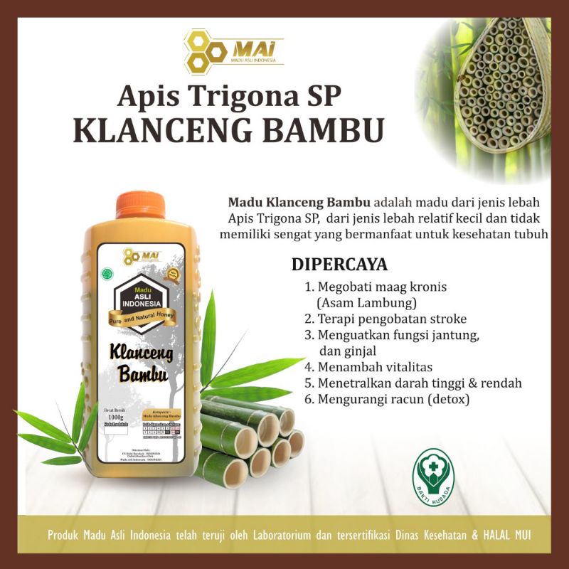 

Madu Klanceng asli Bambu di jamin madu murni tanpa Campuran, Teruji Lab dan Halal 100%