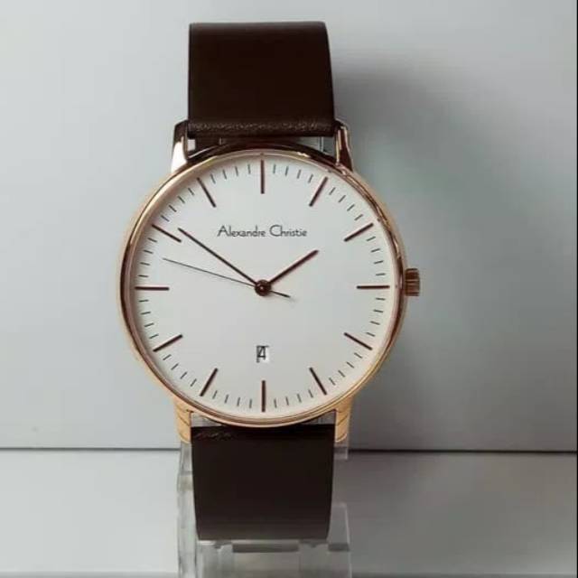 JAM TANGAN PRIA ALEXANDRE CHRISTIE AC 8420 ROSE GOLD WHITE LEATHER BROWN ORIGINAL