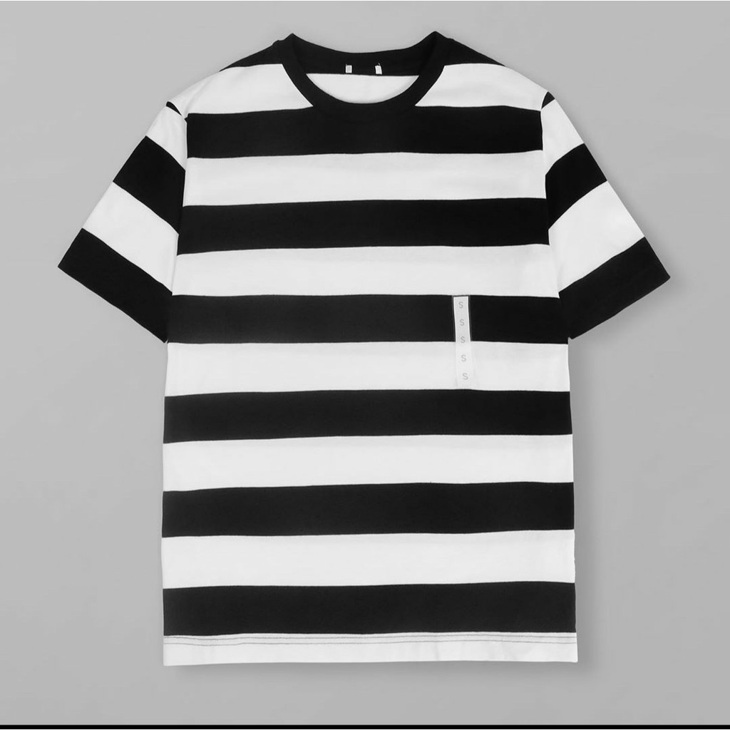 GU by UNQL Ss Crewneck Tees Black White Block striped