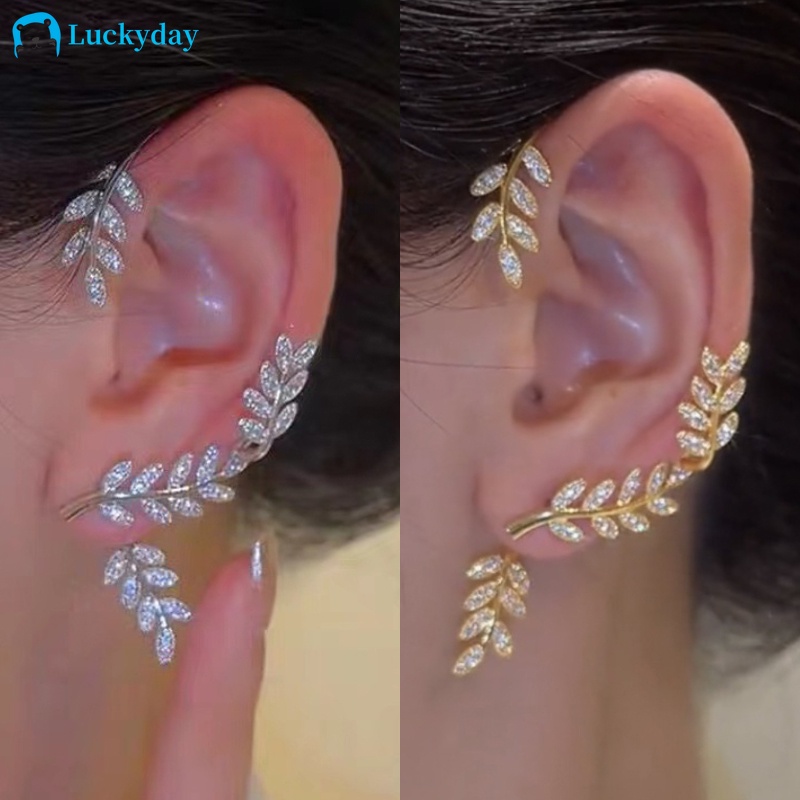 YEEZII Simple Crystal Hook Earrings Gold Silver Leaf Earring Ear Clips Two-wear Pierced Earings for Women Accessories Jewelry