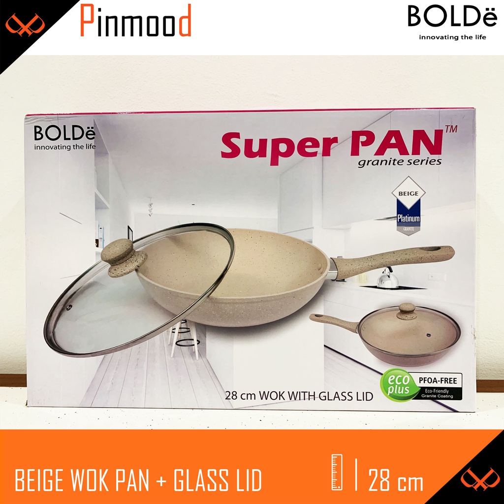 BOLDE BEIGE 28 CM WOK PAN + GLASS LID / TUTUP KACA SUPER PAN COATING GRANITE PANCI PENGGORENGAN WAJAN ANTI LENGKET