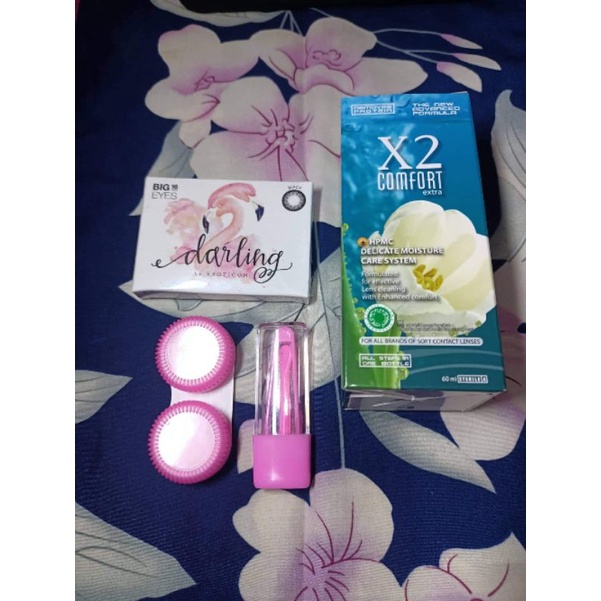 Paket Softlens X2 Darling Normal Big Eyes Dia 16mm + Air Softlens X2 60ml + Pinset + Lenscase