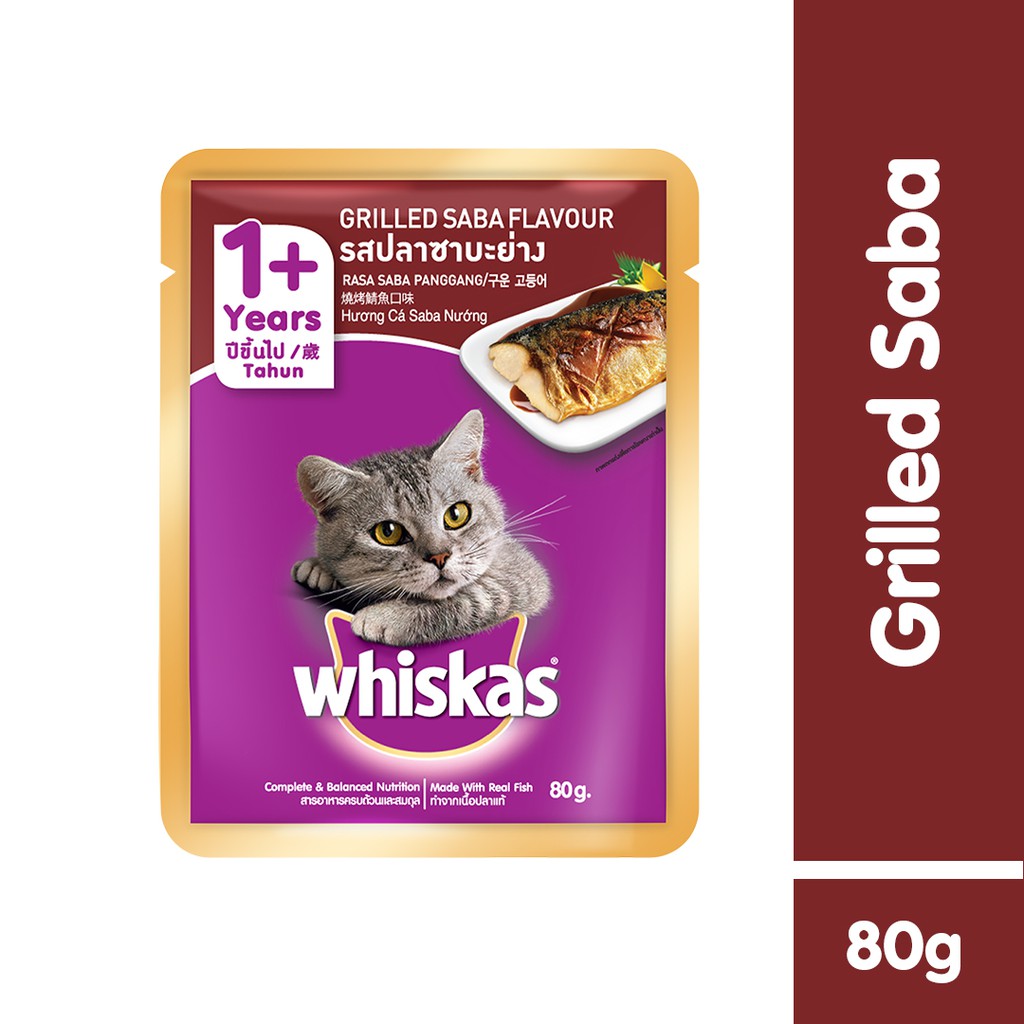 WHISKAS® Makanan Kucing Basah Pouch 80gr - Isi 24-Grilled Saba