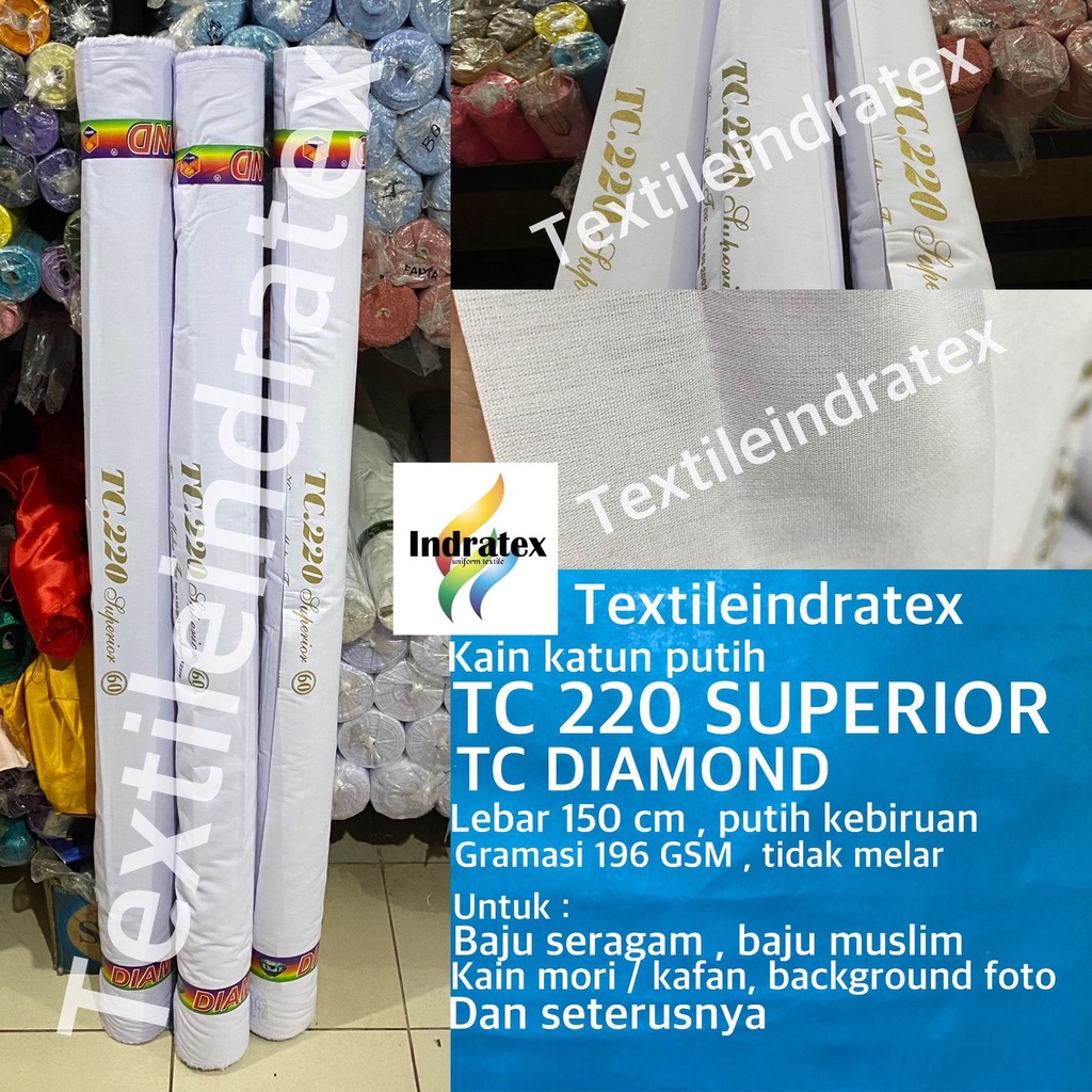 ( per setengah meter ) kain katun jepang putih polos tebal TC 220 DIAMOND meteran lebar 150 cm bahan baju hem kemeja atasan seragam sekolah kerja putih kerudung jilbab hijab bergo spanduk lukis pecel lele mori kafan sarung lapisan bantal guling layar