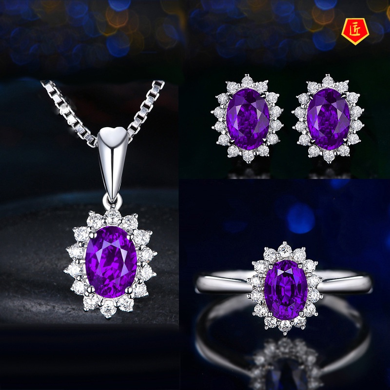 [Ready Stock]Full Diamond Sapphire Necklace Earring Ring Set