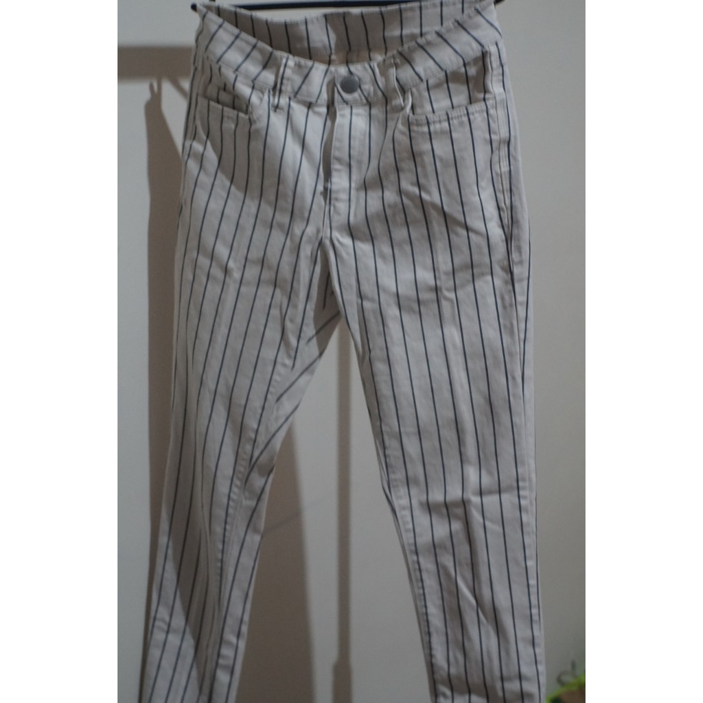 white and grey striped pants