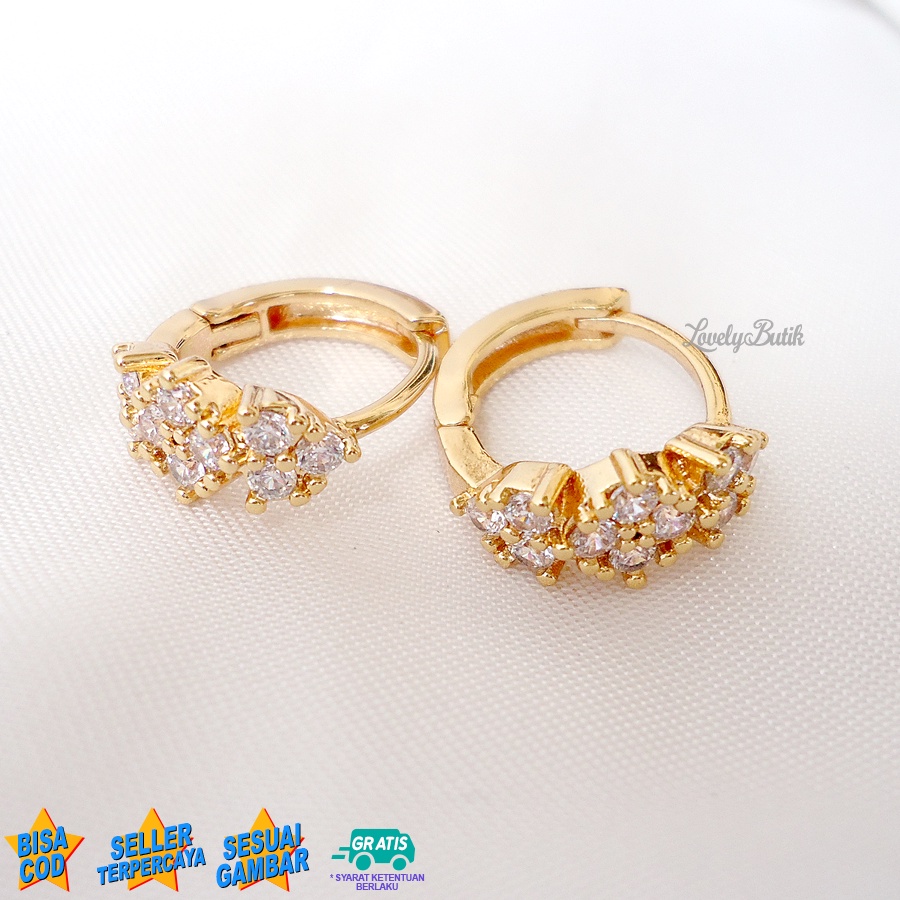 Lovelybutik Anting Jepit Xuping Dewasa Imeld4 Anting Wanita Anti Karat Model Bunga Diamond Lapis Emas