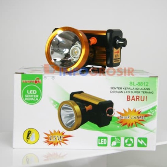 Senter Kepala Headlamp Sunpro SL 8812 Putih/ Kuning 15 Watt Charger bonus Lampu