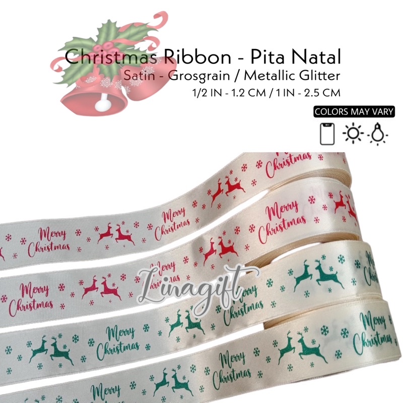 ( Rol 20 Yard ) PITA KADO NATAL 2.5CM / MERRY CHRISTMAS SATEEN RIBBON 1INCH / GROSGRAIN GIFT RIBBON 25MM