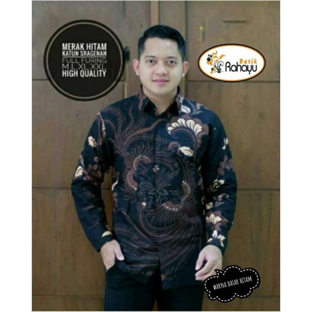 Kemeja Batik Pria Rahayu Merak Hitam Lengan Panjang Full Furing