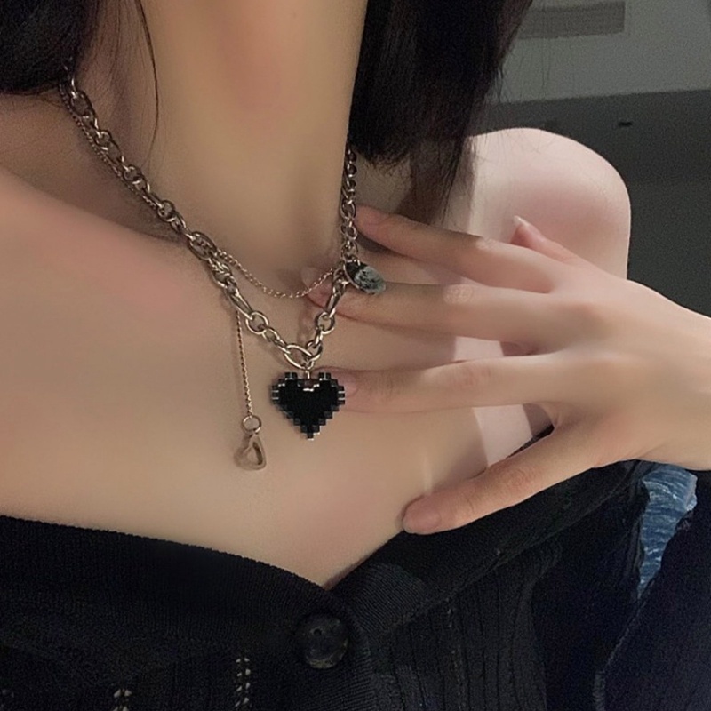 Kalung Rantai Model Double Layer Bentuk Hati Warna Hitam Untuk Wanita