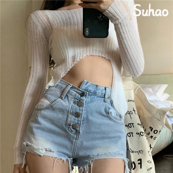 Suhao Tidak Teratur High Waist Breasted Merobek Burr Celana Pendek Denim Wanita Musim Panas Baru Ret