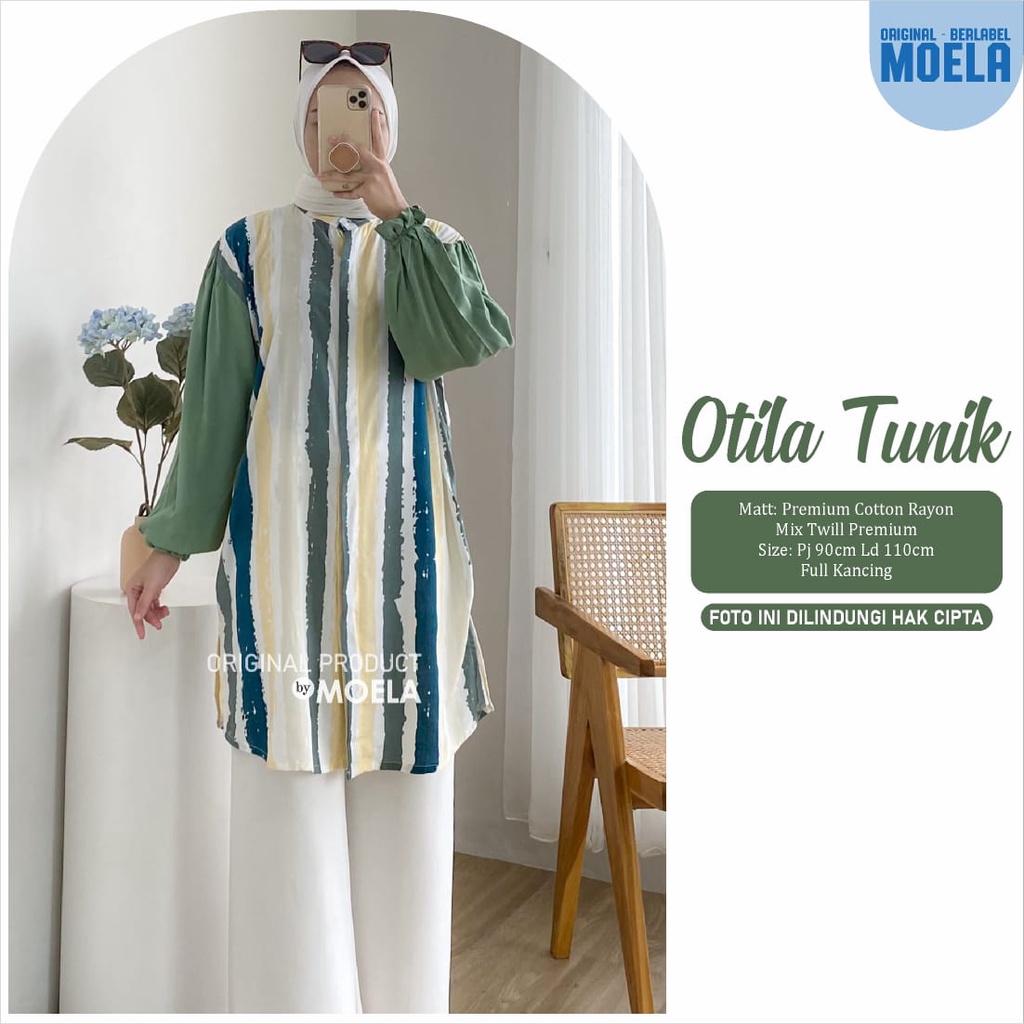 TUNIK ORI MOELA ld 110cm OTILA premium cotton rayon kombinasi OOTD hijau salur full kancing syar'i M