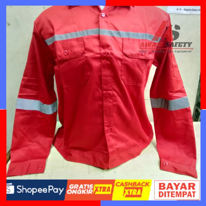 Baju Safety Proyek Lengan Panjang Merah / Kemeja Safety Proyek Kerja Merah