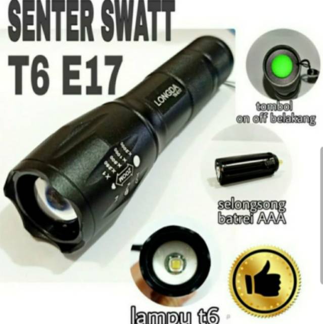 Paket Senter Komplit / Senter T6 E17 Flaslight Super Terang