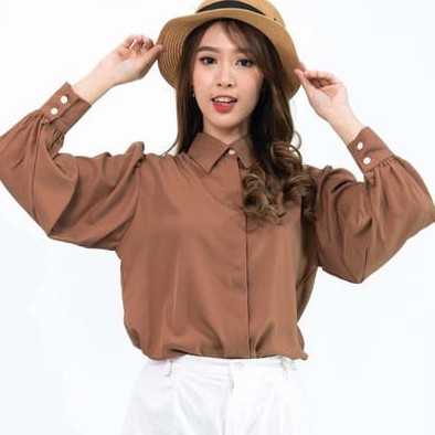 WANITA FASHION CLARISA BUTTON TOP BAJU ATASAN KEMEJA WANITA BLOUSE-mocca