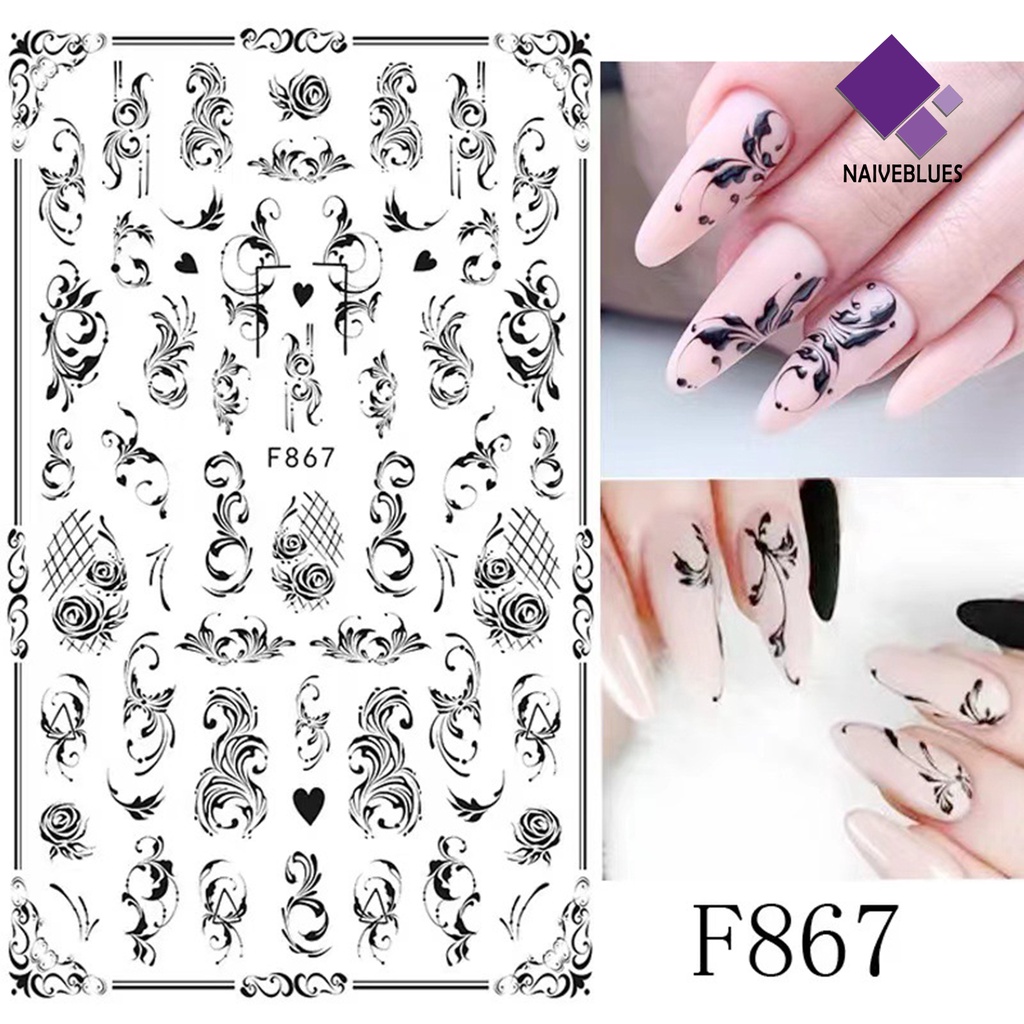 Naiveblue &gt; Stiker Kuku Motif Kupu-Kupu / Bunga Warna Hitam / Putih Untuk Nail Art / Manicure DIY Butterfly