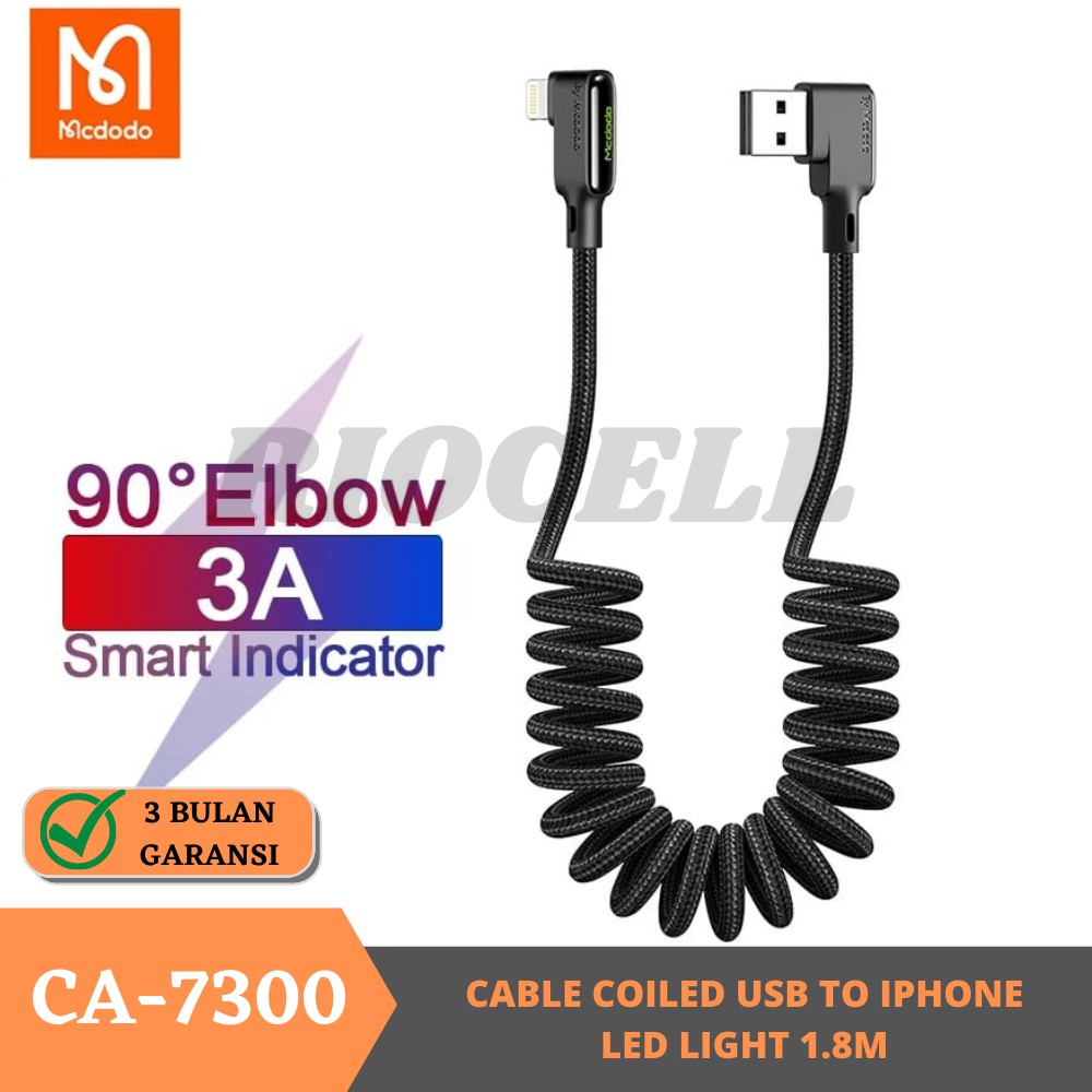 MCDODO Kabel Charger &amp; Sync IPhone Lightning Coiled 90° Spring Fast 3A - IPHONE