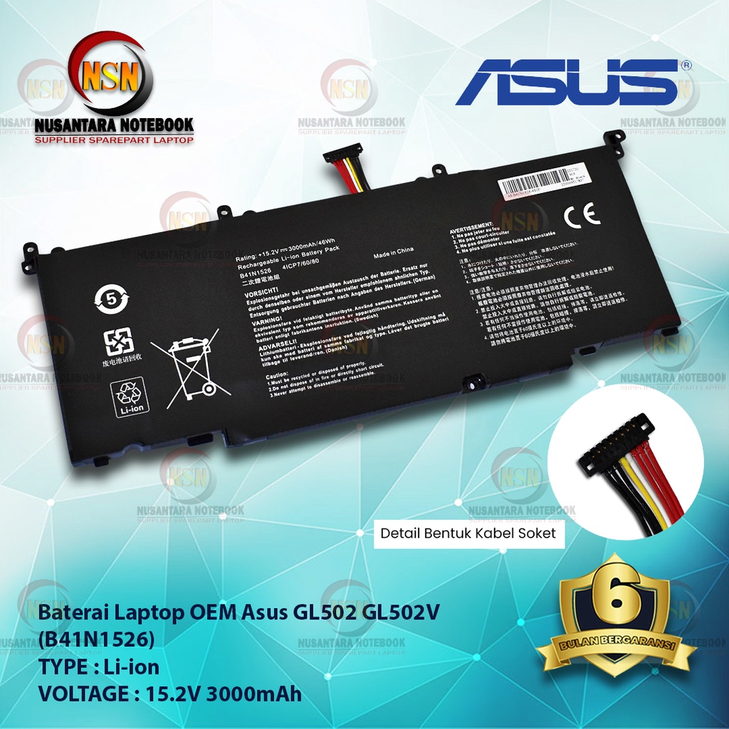 Baterai Laptop OEM Asus GL502 GL502V B41N1526 12.5V 3000mAh