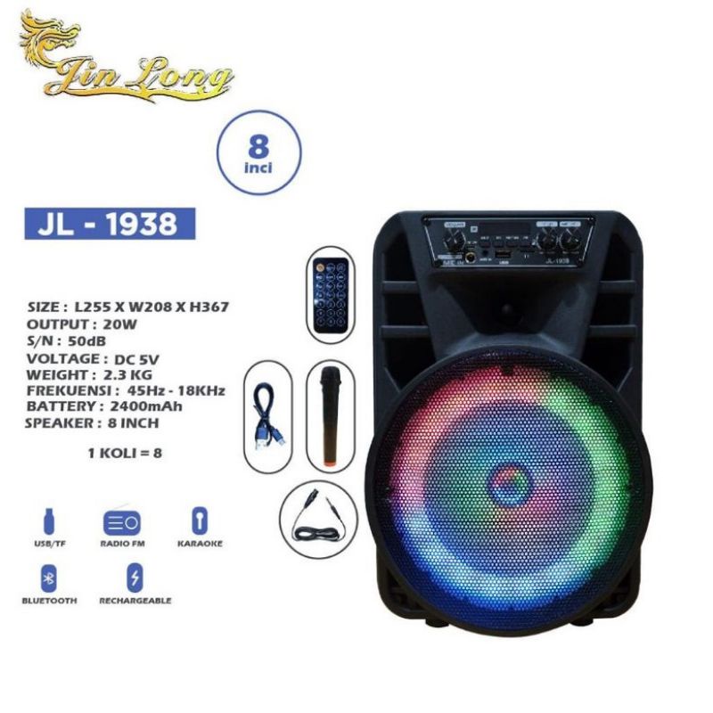 Speaker Bluetooth Jin Long JL-1938 8 Inch Bonus Mic Wireless Super Bass Salon Bluetooth Radio