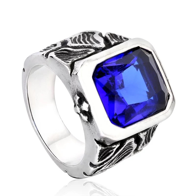 Cincin Batu Safir Royal Blue Saphire Ring Titanium Real Anti Karat Tahan Luntur Motif Retro Apex