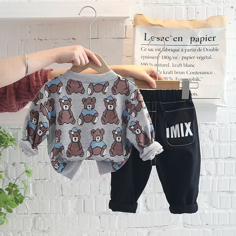 ANANAKSTORE- Setelan panjang anak laki laki MOTIF BEARGREY 0-5 Tahun/Baju baby impor premium LUCU