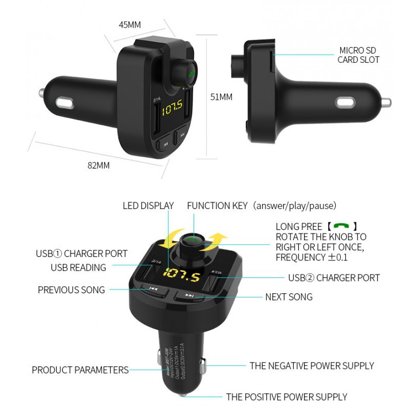 BT36 Bluetooth Handsfree Car Kit with FM Transmitter 3.1A 2 USB Port Charger Music Play