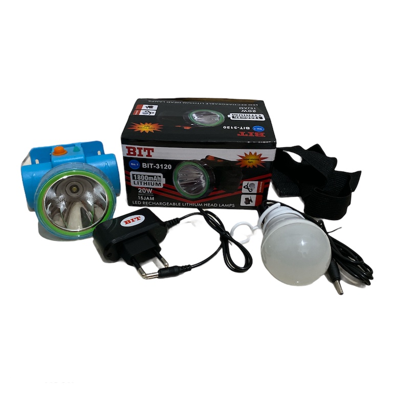 Kiseki Senter Kepala LED Super Terang Lithium BIT 3120 LED 20 Watt LAMPU PUTIH + Bola Lampu Super