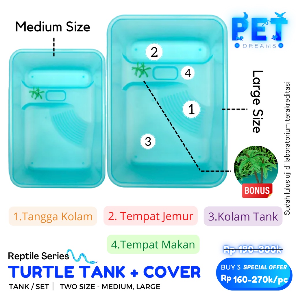 TURTLE TANK KANDANG DENGAN TUTUPAN LID AQUARIUM VIVARIUM EMBER AKUARIUM TEMPAT RUMAH BASKING KURA