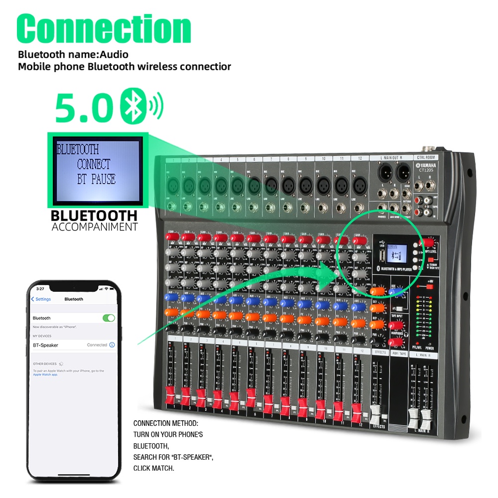 CT120S Pengaduk Audio Profesional 12 saluran mixer Efek gema bawaan Mendukung pemutaran Bluetooth/UBB/PC/MP3 Dukungan untuk penggunaan di dalam kendaraan Peralatan bernyanyi KTV pertunjukan luar ruangan