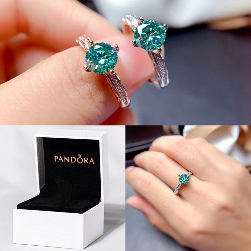 Pandora Cincin 925 Silver Adjustable Hias Berlian Biru Hijau Untuk Pernikahan