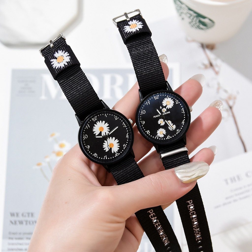 MURMURE.ID | JAM TANGAN ANALOG WANITA MODEL BULAT BUNGA DAISY HITAM IMPORT MURAH FW014-1