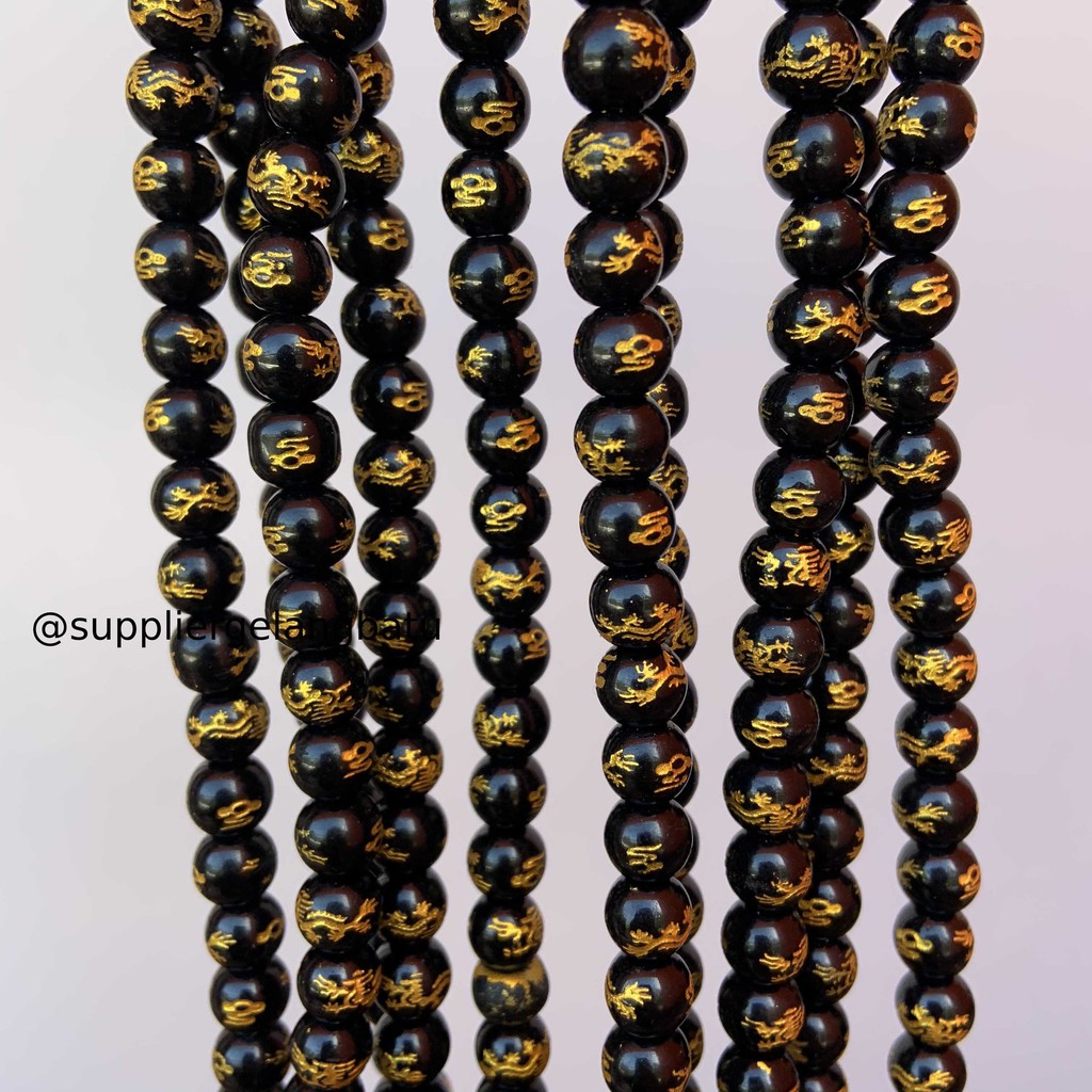 renceng batu hitam naga bead black gold 8mm kalung gelang dragon bead