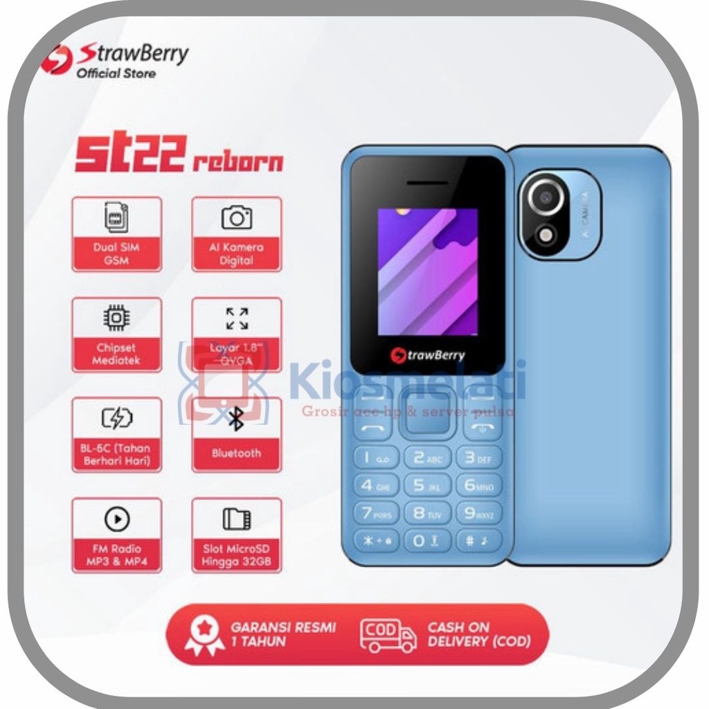 Strawberry ST22 REBORN HP Candybar Murah Handphone Bluetooth Dual SIM Senter Musik Kamera