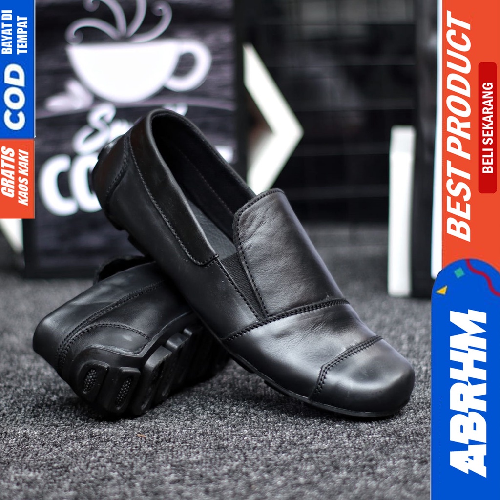 Abrhm Tice - Sepatu Slip On Casual Pria Kulit Asli Hitam