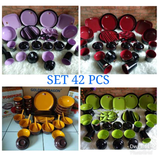 Piring set 42pcs Golden Dragon melamin