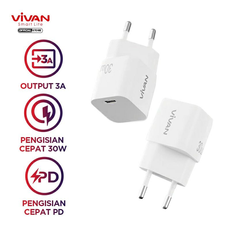 Charger Vivan Power 30 PD 30W Batok Charger Adaptor  USB-C Type C ORIGINAL