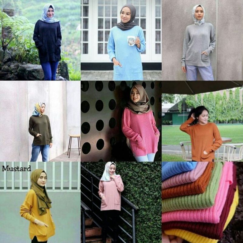 Baju Rajut Wanita Lengan Panjang / Atasan Wanita Variasi Kantong Depan / Baju Santai Wanita