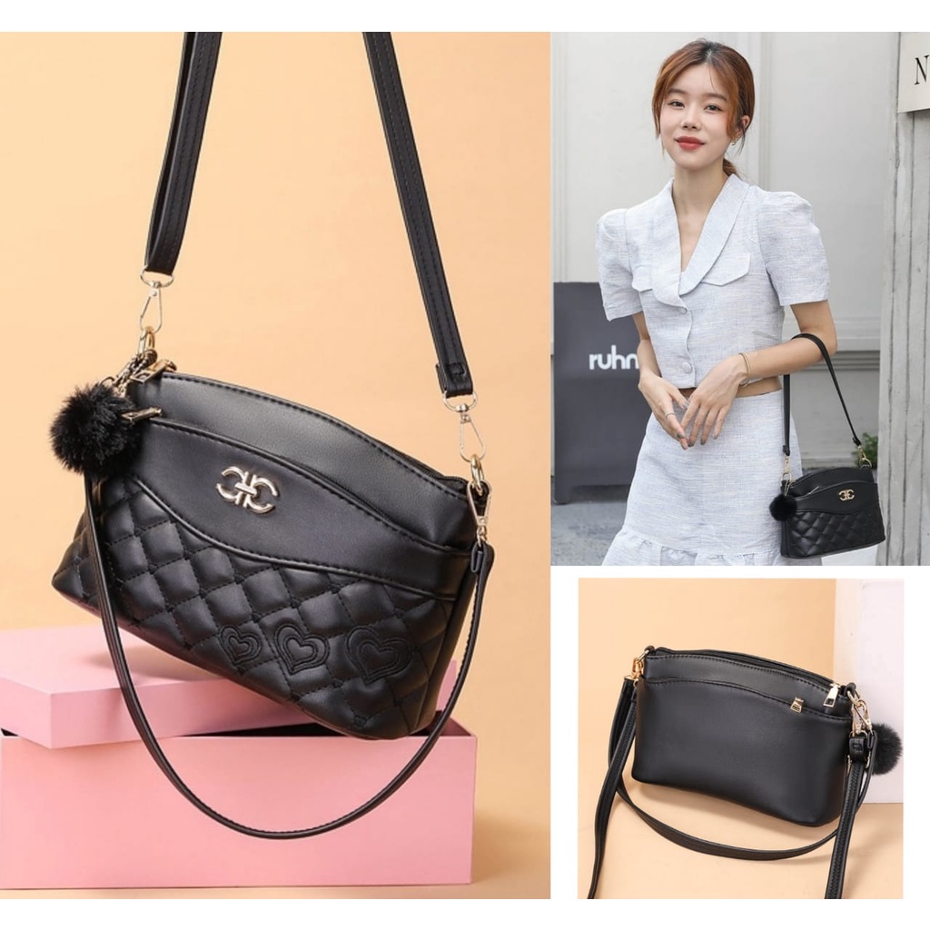 TAS SELEMPANG KOREA WANITA KULIT HITAM TA401B5 PEARLO IMPORT PREMIUM MURAH BATAM SLING CEWEK BAG ORI