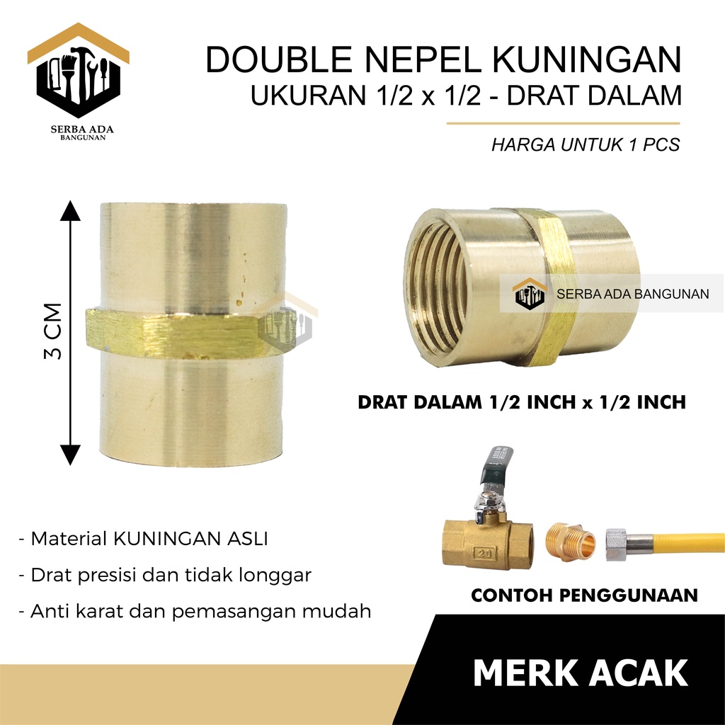 DOUBLE NAPLE NEPEL / NIPEL DRAT LUAR 1/2 &amp; 1/4 INCH SAMBUNGAN PIPA KRAN SERBAGUNA KUNINGAN STAINLE