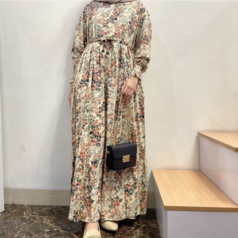 [SIZE STANDAR VOL 1] Floral dress maxi dress panjang gaun casual bunga wanita-Cream yellow