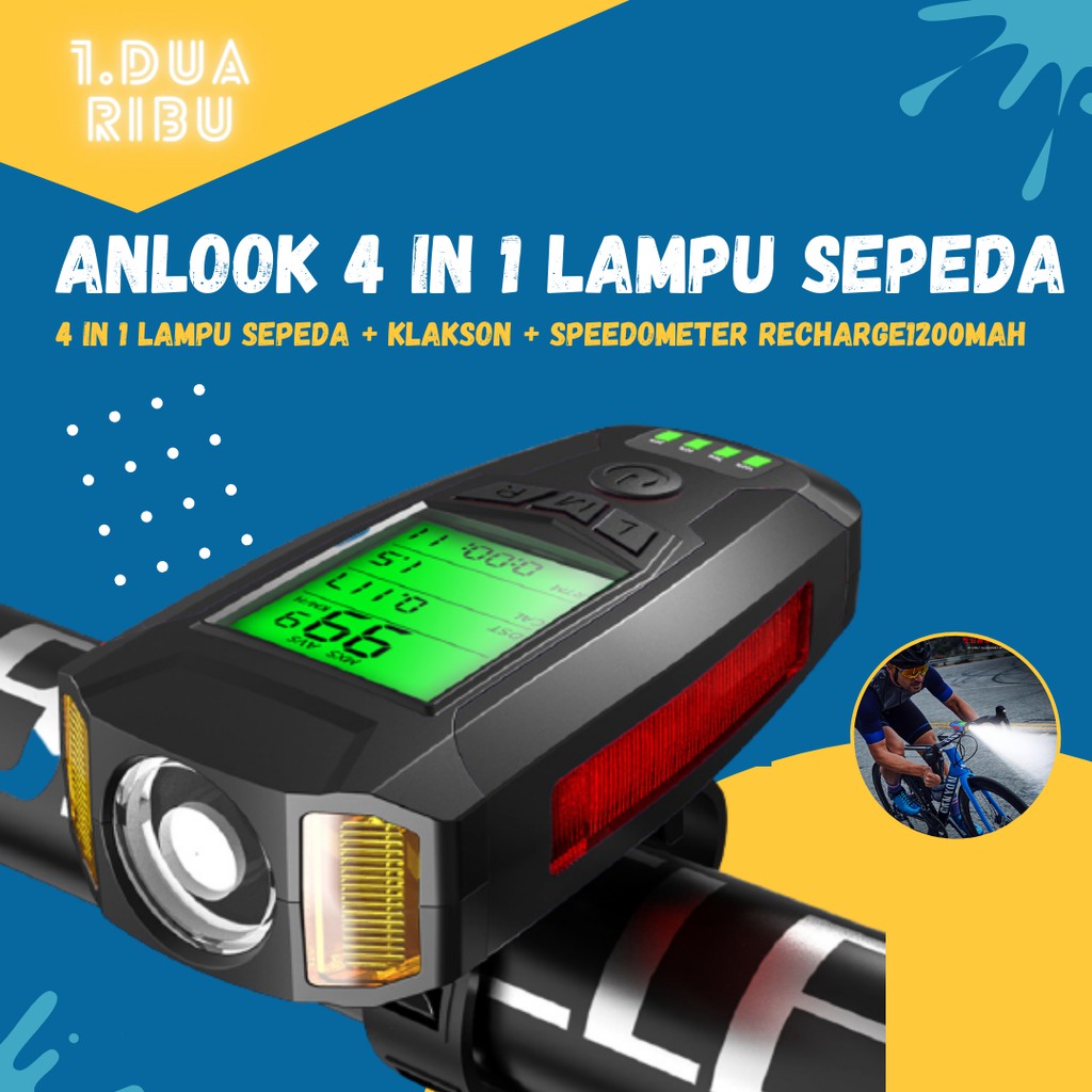 Lampu Sepeda 4 in 1+ Klakson + Speedometer Recharge1200mAh | Anlook